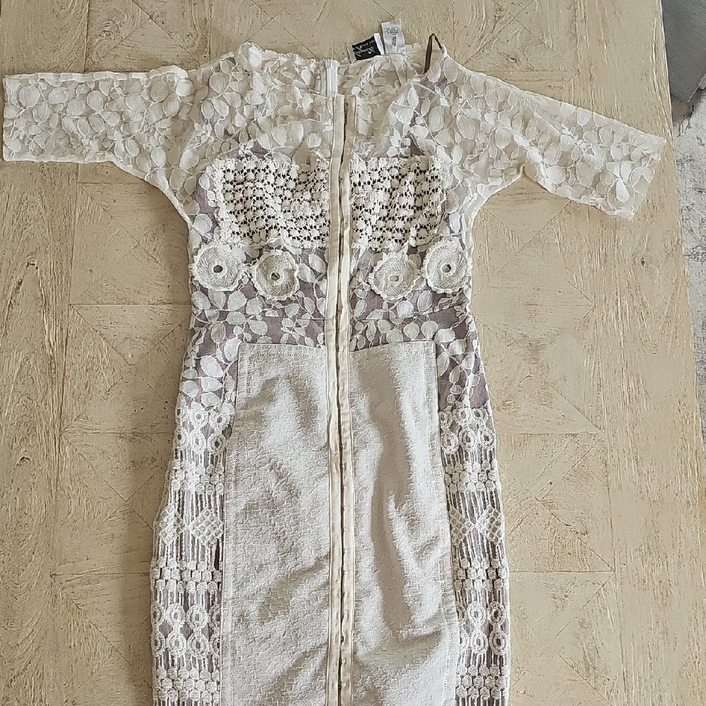 Byron Lars Cream and Gray Lace Midi Dress